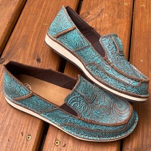 Turquoise Tooled leather Embossed Slip-On Loafers Ariat
